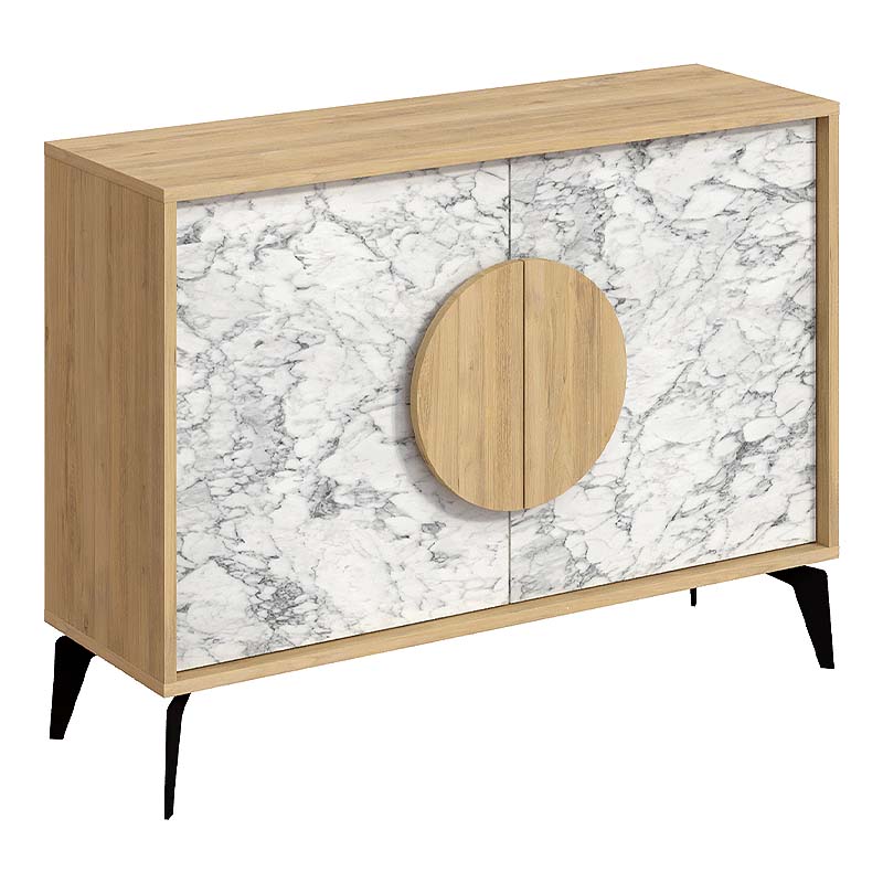 Buffet PARIS Oak featuring a white marble effect, showcasing natural beech color and stylish metal feet.