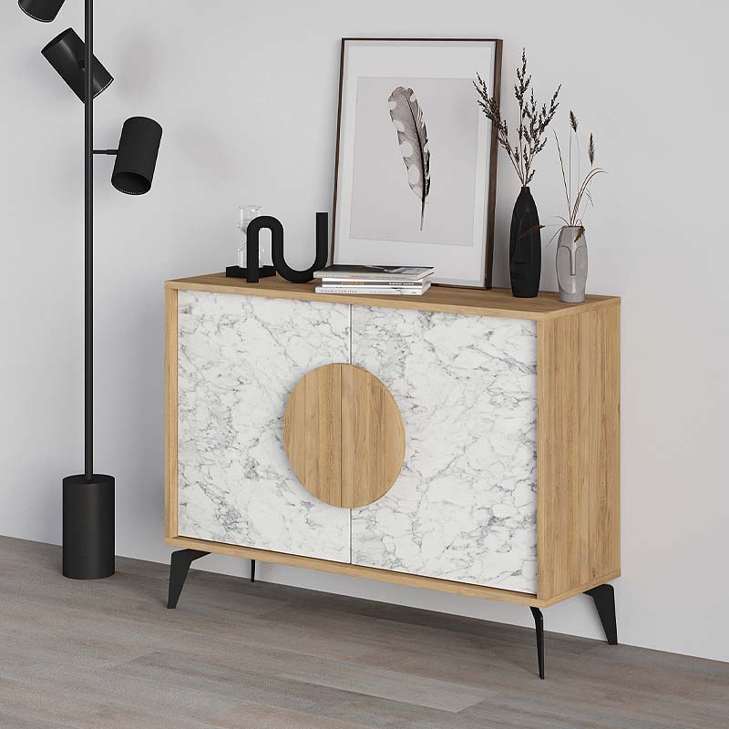 Buffet PARIS Oak featuring a white marble effect, showcasing natural beech color and stylish metal feet.