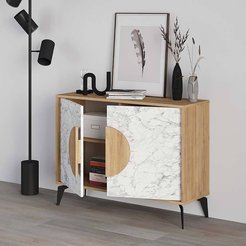 Buffet PARIS Oak featuring a white marble effect, showcasing natural beech color and stylish metal feet.