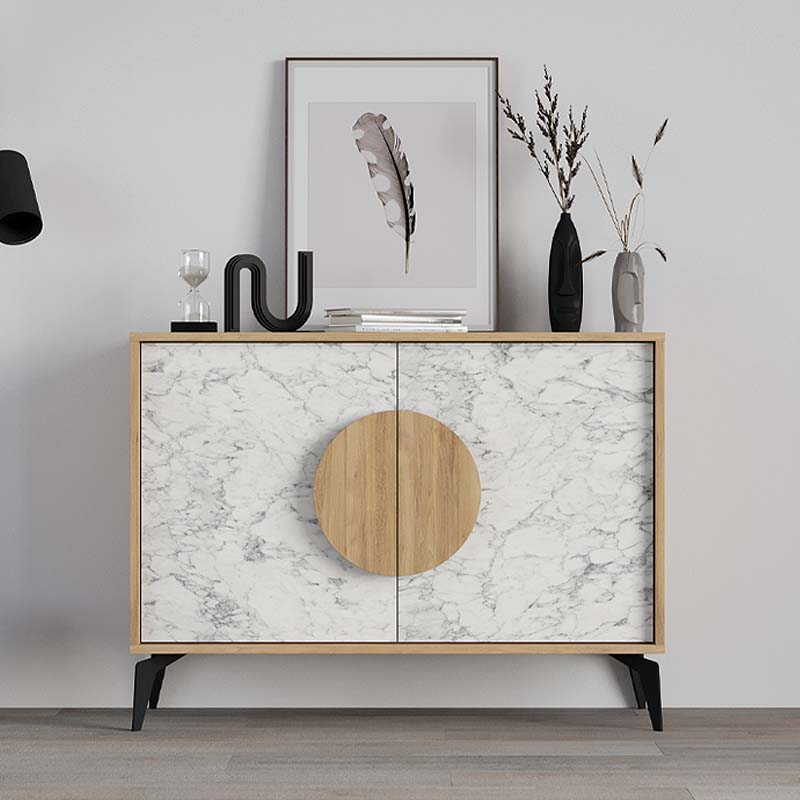 Buffet PARIS Oak featuring a white marble effect, showcasing natural beech color and stylish metal feet.