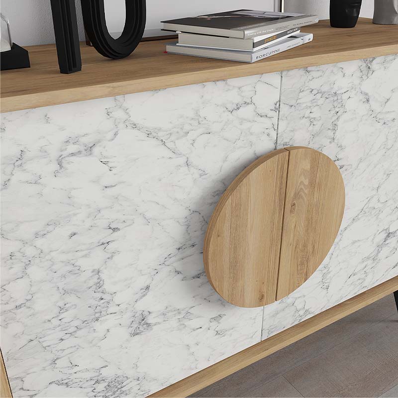 Buffet PARIS Oak featuring a white marble effect, showcasing natural beech color and stylish metal feet.