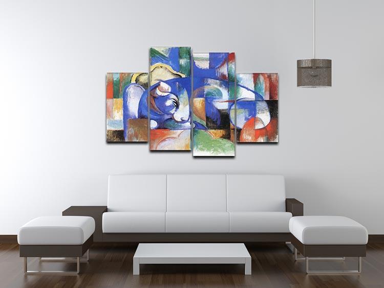 A vibrant 4-split canvas artwork featuring a bull by Franz Marc, showcasing bold colors and dynamic design.