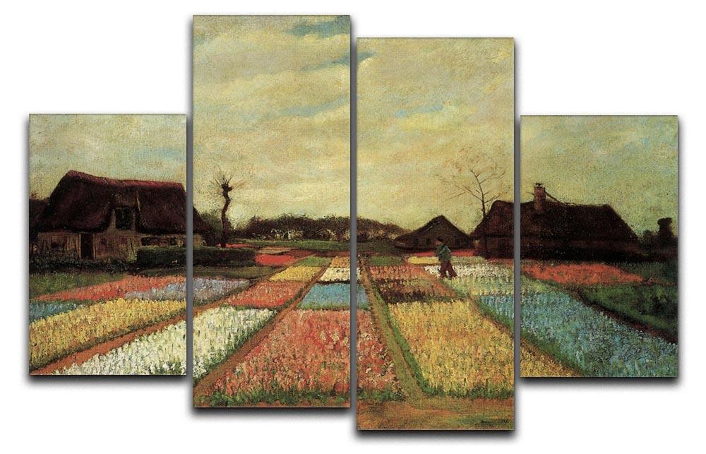 A 4-split canvas artwork featuring Van Gogh's Bulb Fields, showcasing vibrant colors and dynamic brush strokes across four panels.