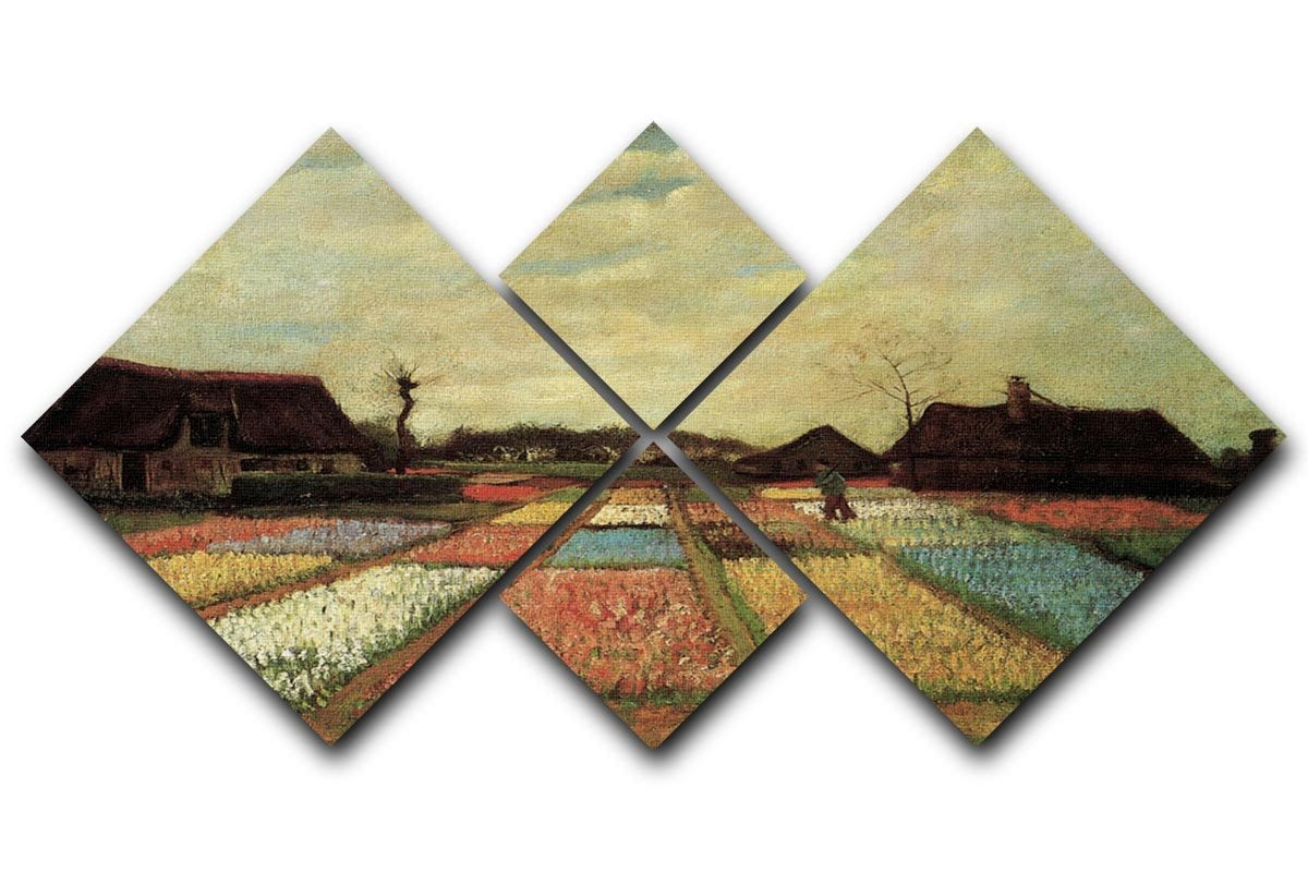 A vibrant multi-panel canvas artwork featuring Van Gogh's Bulb Fields, divided into four equal square sections, showcasing rich colors and intricate details.