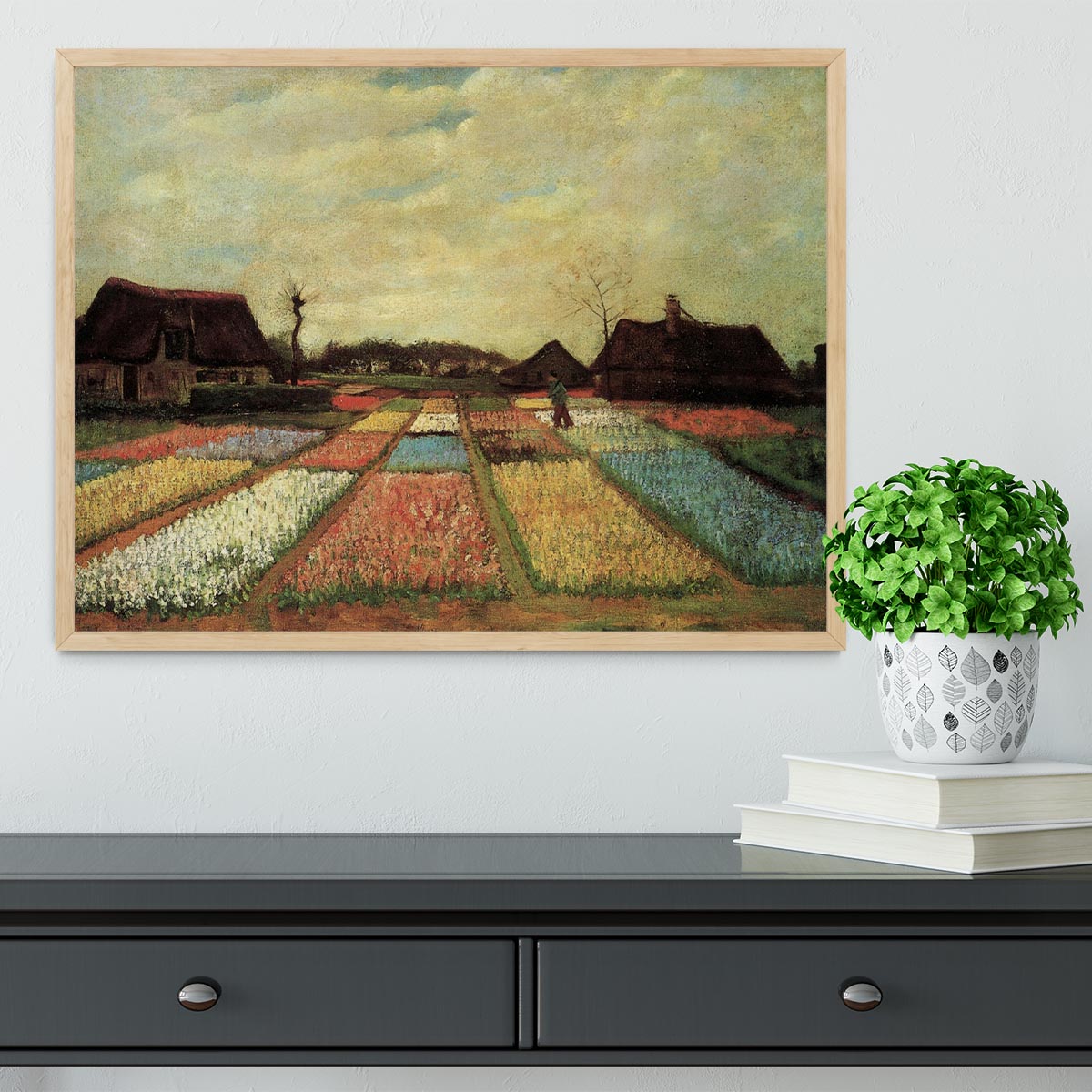 Framed print of Van Gogh's Bulb Fields, showcasing vibrant colors and intricate details in a handmade frame.