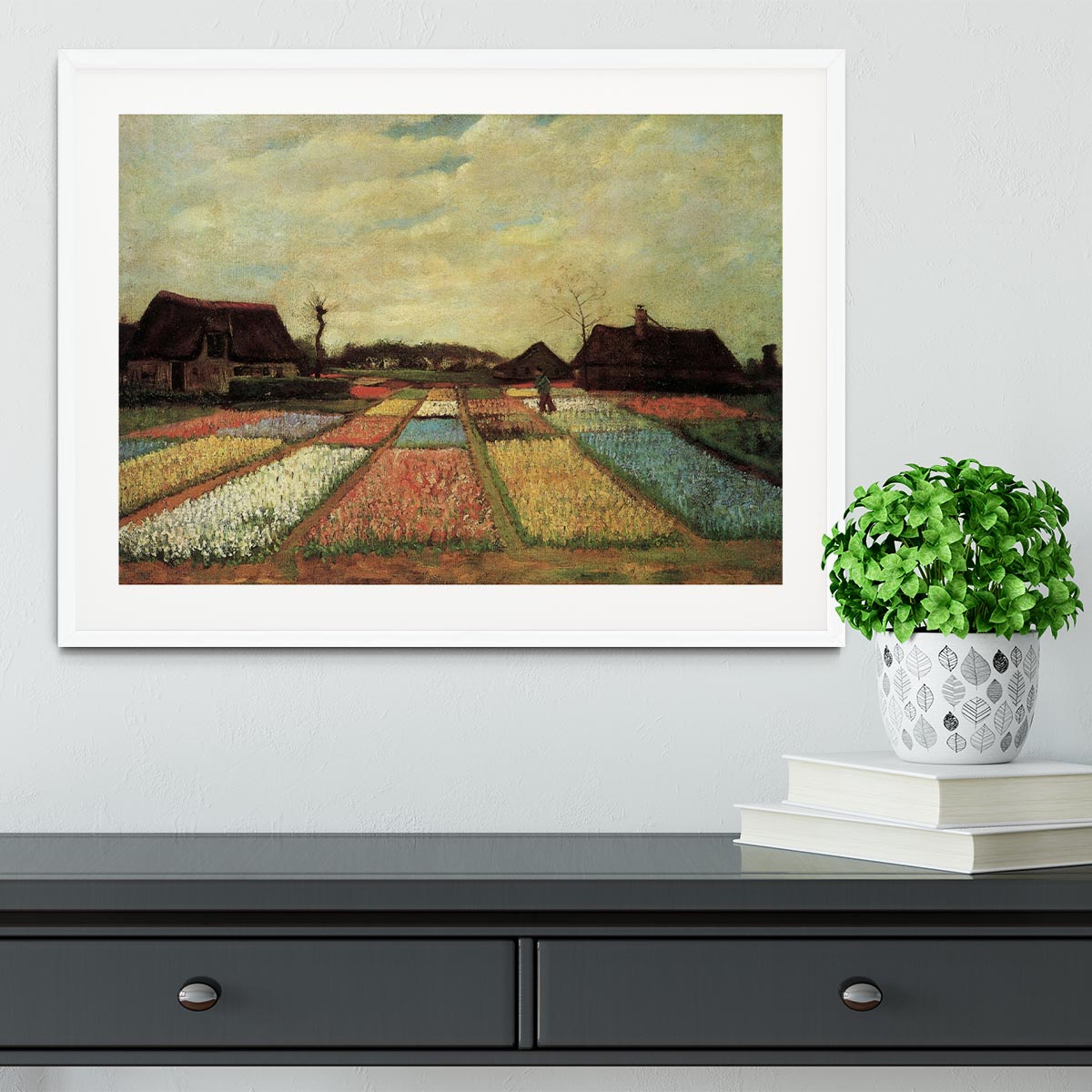 Framed print of Van Gogh's Bulb Fields, showcasing vibrant colors and intricate details in a handmade frame.