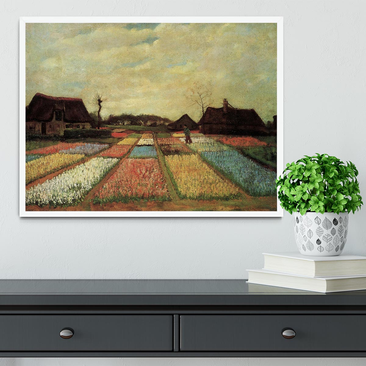 Framed print of Van Gogh's Bulb Fields, showcasing vibrant colors and intricate details in a handmade frame.