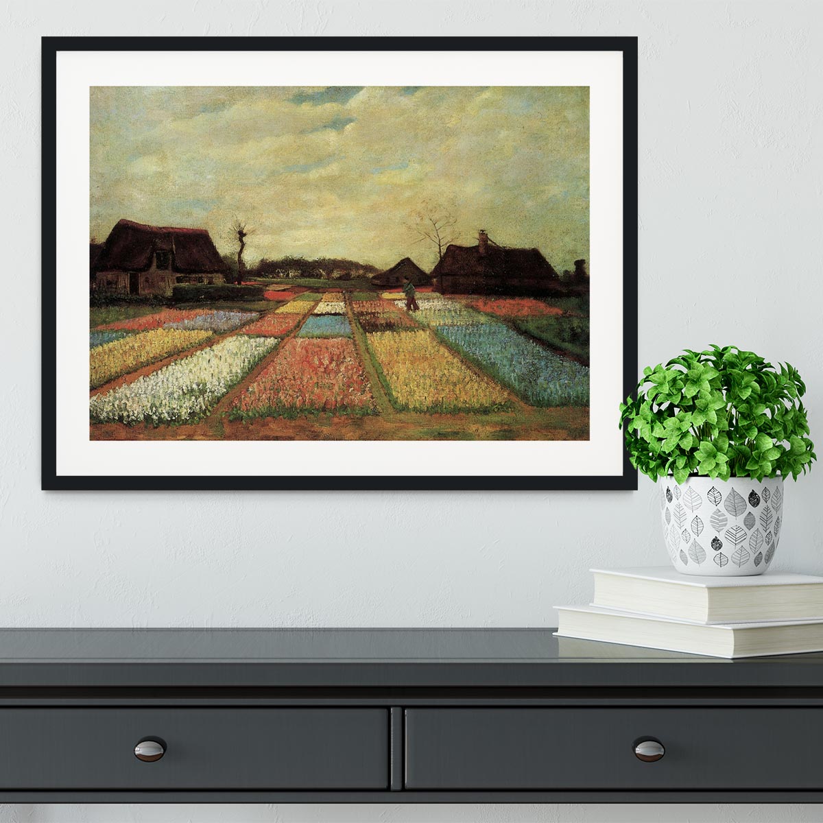 Framed print of Van Gogh's Bulb Fields, showcasing vibrant colors and intricate details in a handmade frame.