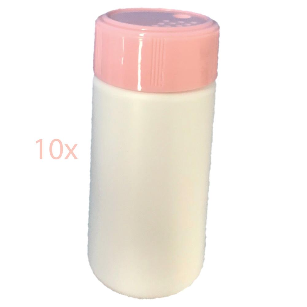 A set of 10 empty plastic salt shakers, each holding 125g, featuring adjustable twist lids for easy dispensing.