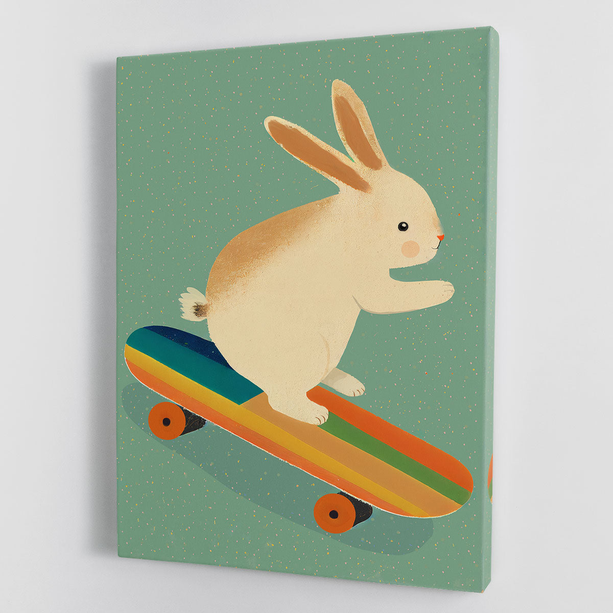 A vibrant canvas print featuring a playful bunny riding a skateboard, perfect for adding a whimsical touch to any decor.