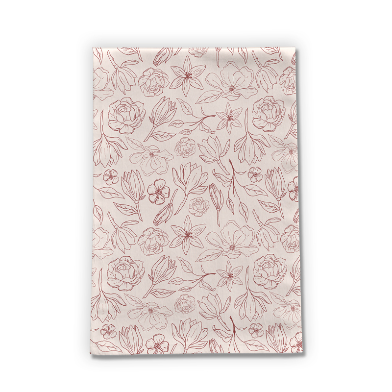 Burgundy Magnolia Tea Towel featuring a floral design on soft cotton twill, perfect for kitchen use and decoration.