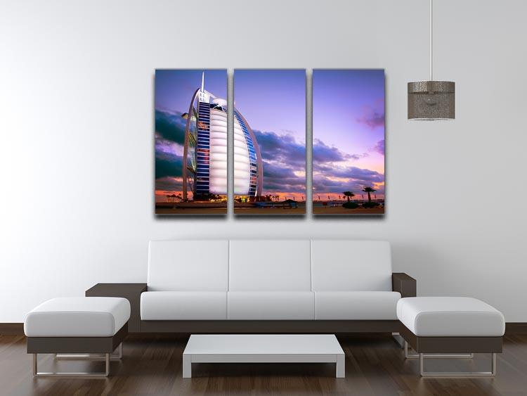 A stunning 3-panel canvas print featuring the Burj Al Arab hotel, showcasing its iconic architecture and elegance.
