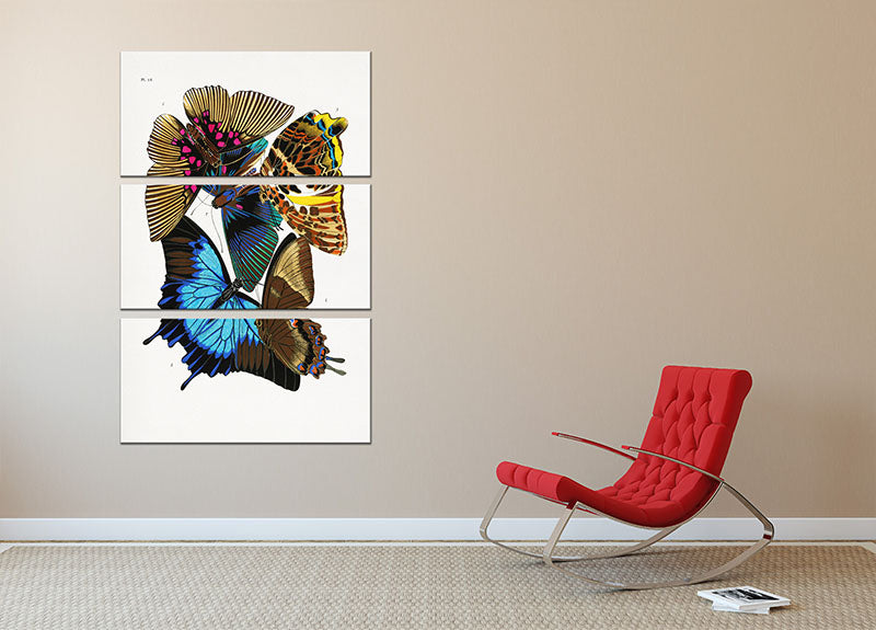 Butterflies Part 16 3 Split Panel Canvas Print featuring vibrant butterfly designs on three canvases, perfect for home decor.