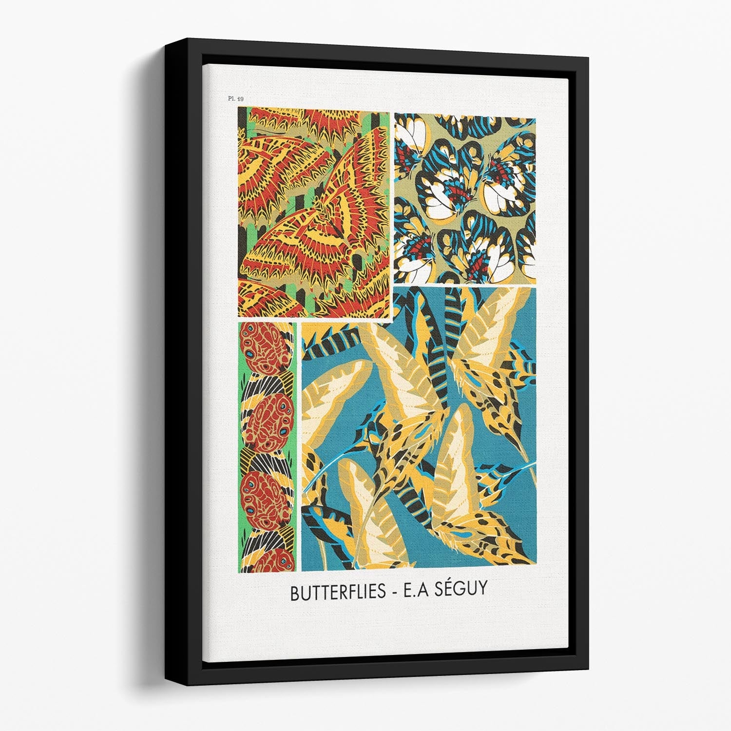 Butterflies Part 19 Floating Framed Canvas featuring vibrant colors and abstract design in an elegant wooden frame.