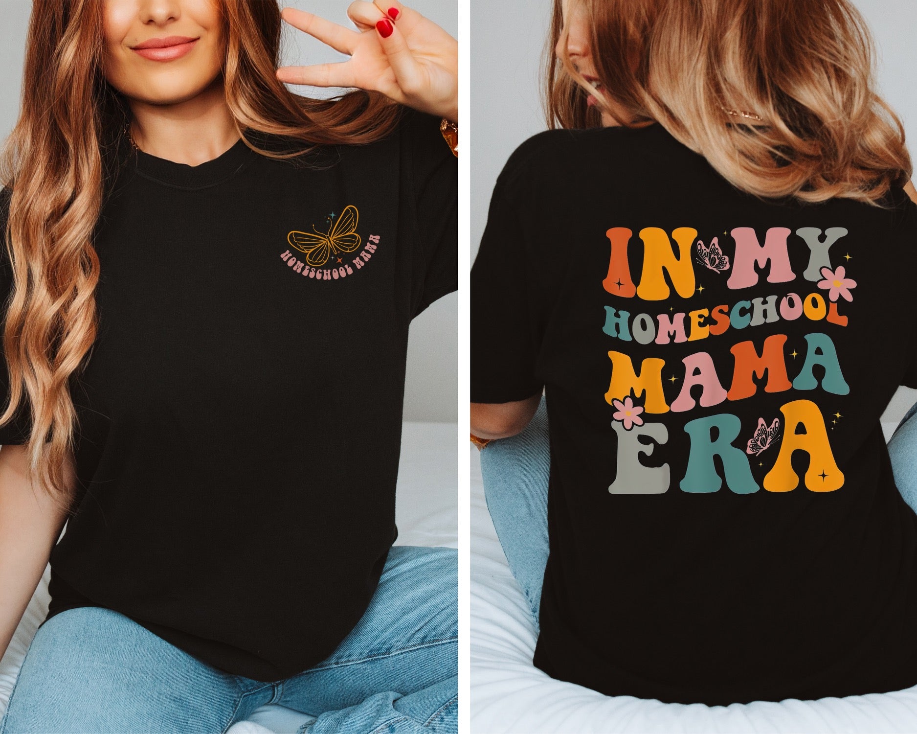 Butterfly Homeschool Mama Back Unisex T-shirt featuring a left pocket and vibrant back graphic, perfect for homeschool moms.