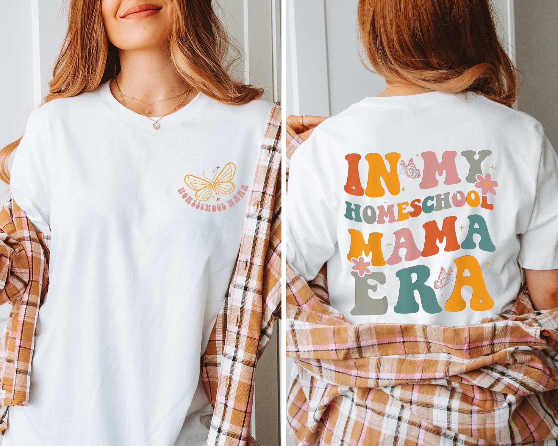 Butterfly Homeschool Mama Back Unisex T-shirt featuring a left pocket and vibrant back graphic, perfect for homeschool moms.