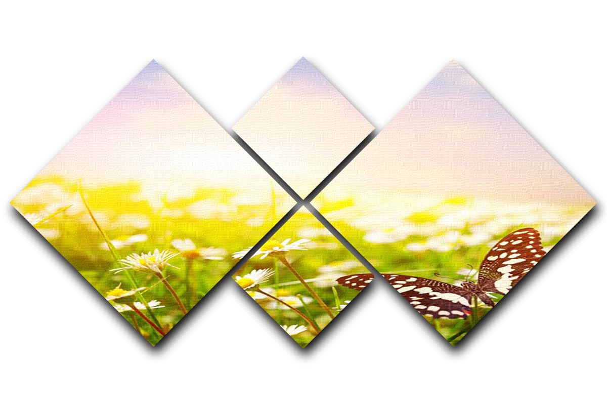 A vibrant multi-panel canvas artwork featuring a butterfly on a field of daisies, divided into four equal sections.