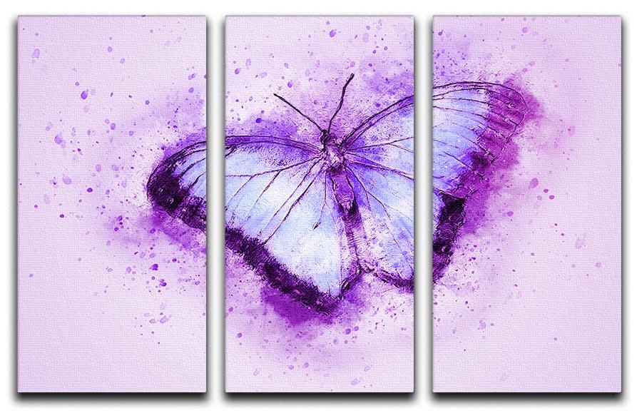 A beautiful butterfly painting displayed on three split canvas panels, showcasing vibrant colors and intricate details.