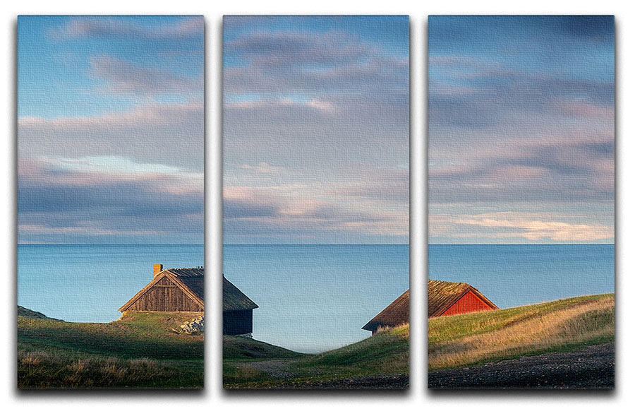 A beautiful 3-panel canvas print featuring serene cabin scenes, enhancing interior decor with elegance.