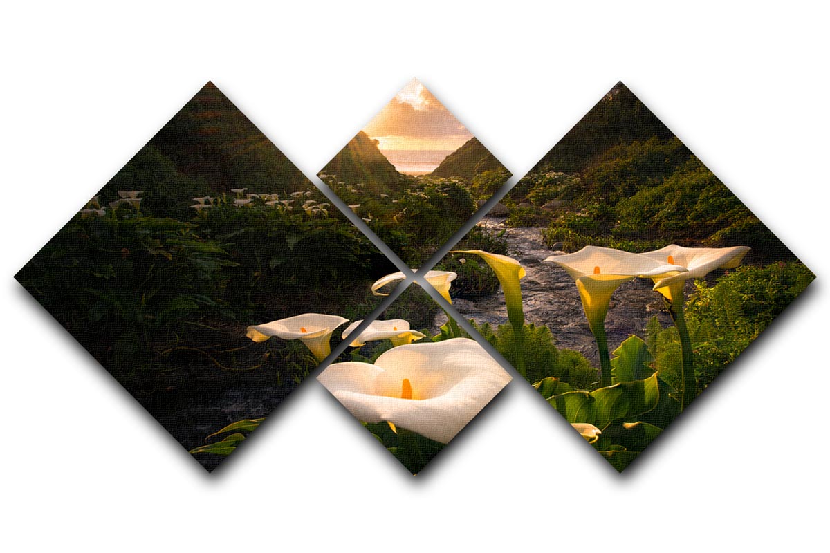 A beautiful 4-square multi-panel canvas featuring elegant calla lilies, showcasing vibrant colors and artistic design.