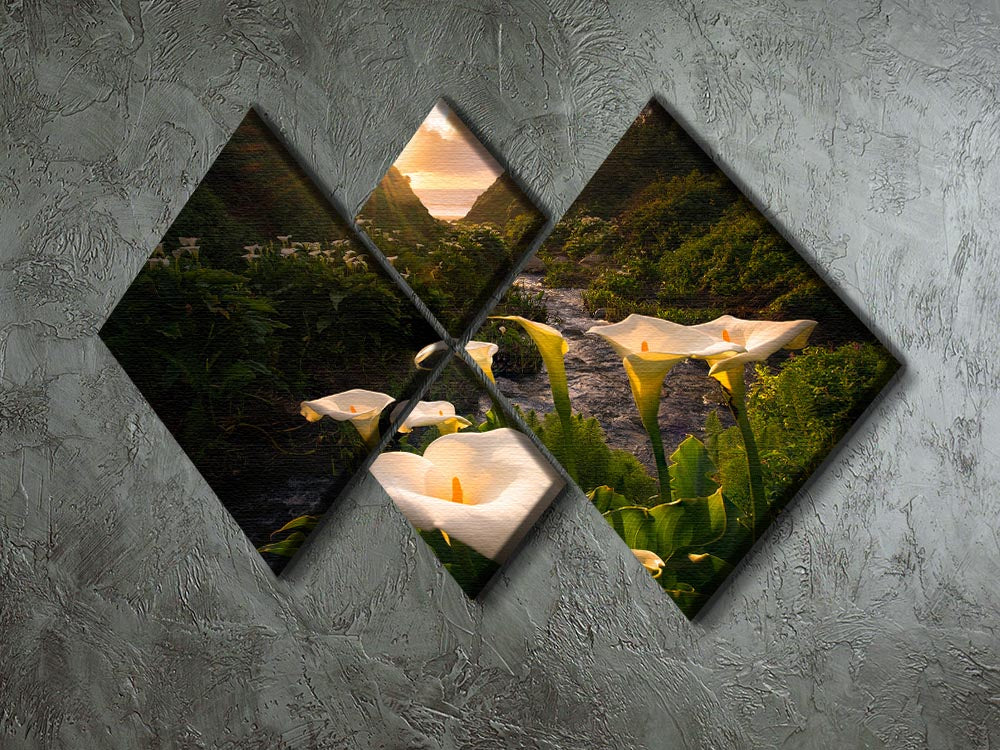 A beautiful 4-square multi-panel canvas featuring elegant calla lilies, showcasing vibrant colors and artistic design.