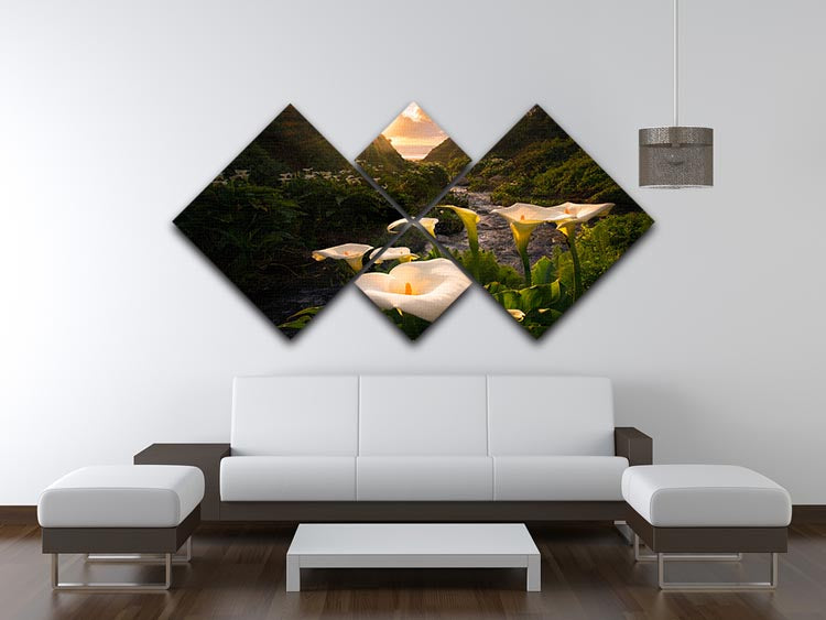 A beautiful 4-square multi-panel canvas featuring elegant calla lilies, showcasing vibrant colors and artistic design.