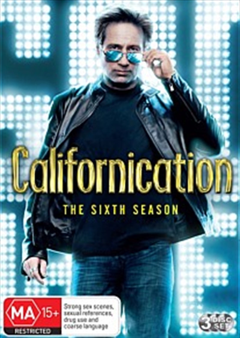 Californication Season 6 DVD cover featuring David Duchovny as Hank Moody, showcasing the show's vibrant and edgy style.