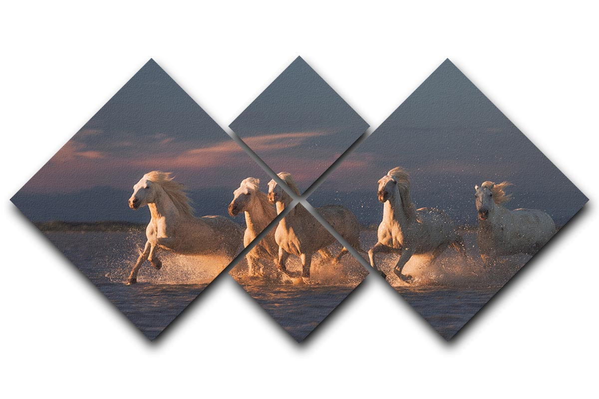 A stunning multi-panel canvas artwork featuring Camargue horses against a vibrant sunset, divided into four equal square sections.