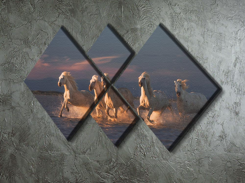 A stunning multi-panel canvas artwork featuring Camargue horses against a vibrant sunset, divided into four equal square sections.