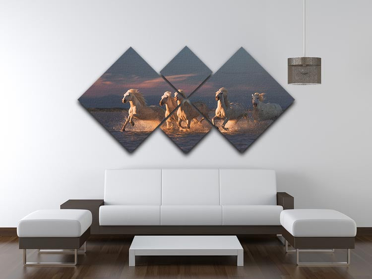 A stunning multi-panel canvas artwork featuring Camargue horses against a vibrant sunset, divided into four equal square sections.