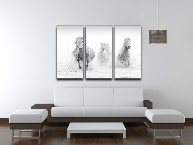 A beautiful 3-panel canvas print featuring Camargue horses running gracefully across a vibrant landscape, perfect for home decor.