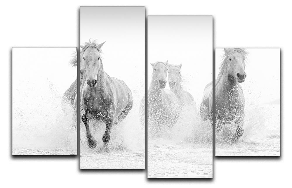 A stunning 4-panel canvas artwork depicting Camargue horses running gracefully across a vibrant landscape.