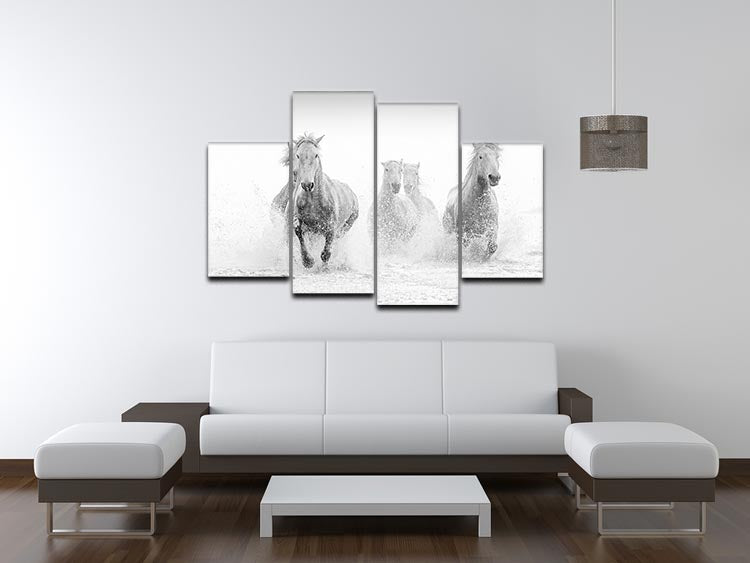 A stunning 4-panel canvas artwork depicting Camargue horses running gracefully across a vibrant landscape.