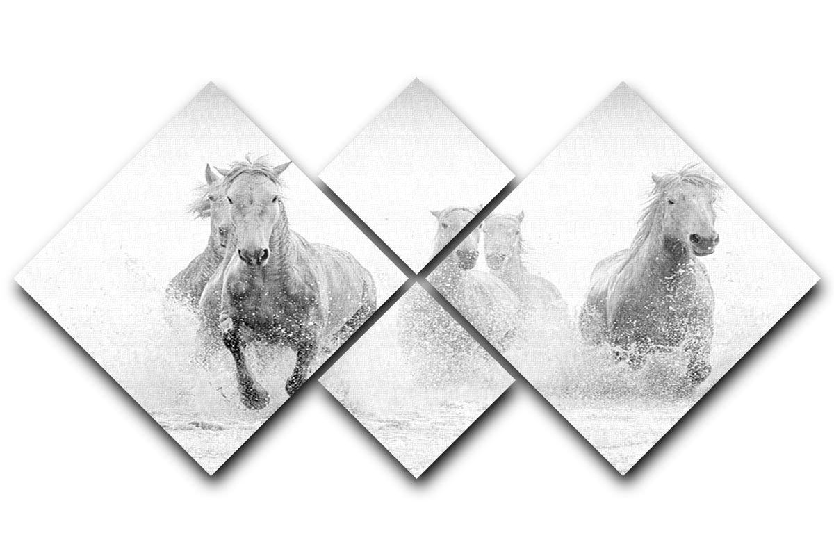 A stunning multi-panel canvas artwork featuring Camargue horses running, divided into four equal square sections.