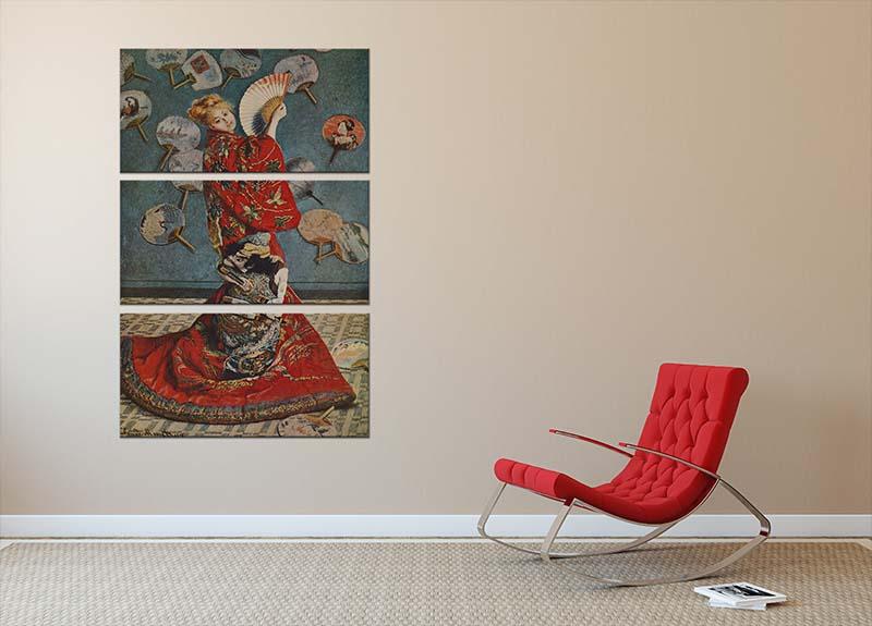 Three-panel canvas print of Monet's Camille in Japanese dress, showcasing vibrant colors and intricate details.