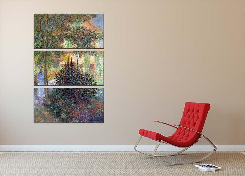 Three-panel canvas art featuring Monet's Camille in the Garden, showcasing vibrant colors and intricate details.