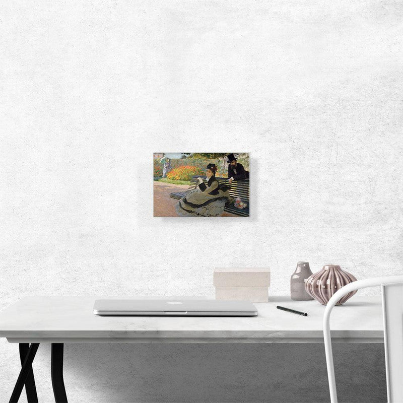 Canvas art print of Camille Monet on a Bench, showcasing Impressionist style with vibrant colors and serene nature scene.