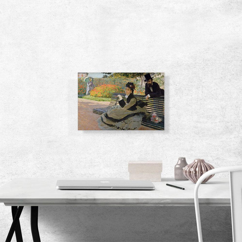 Canvas art print of Camille Monet on a Bench, showcasing Impressionist style with vibrant colors and serene nature scene.