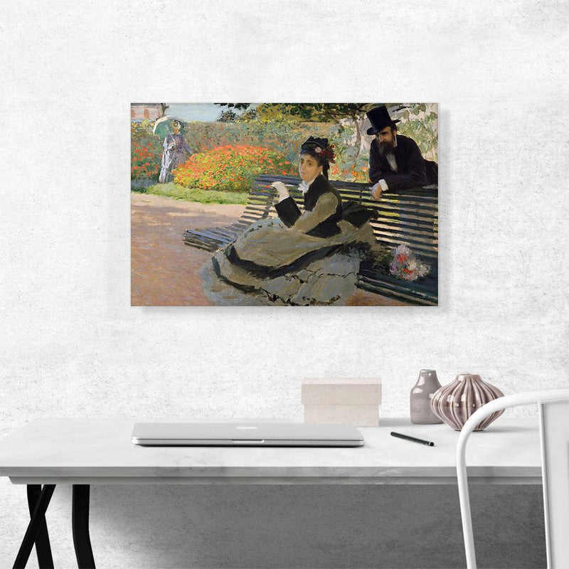 Canvas art print of Camille Monet on a Bench, showcasing Impressionist style with vibrant colors and serene nature scene.
