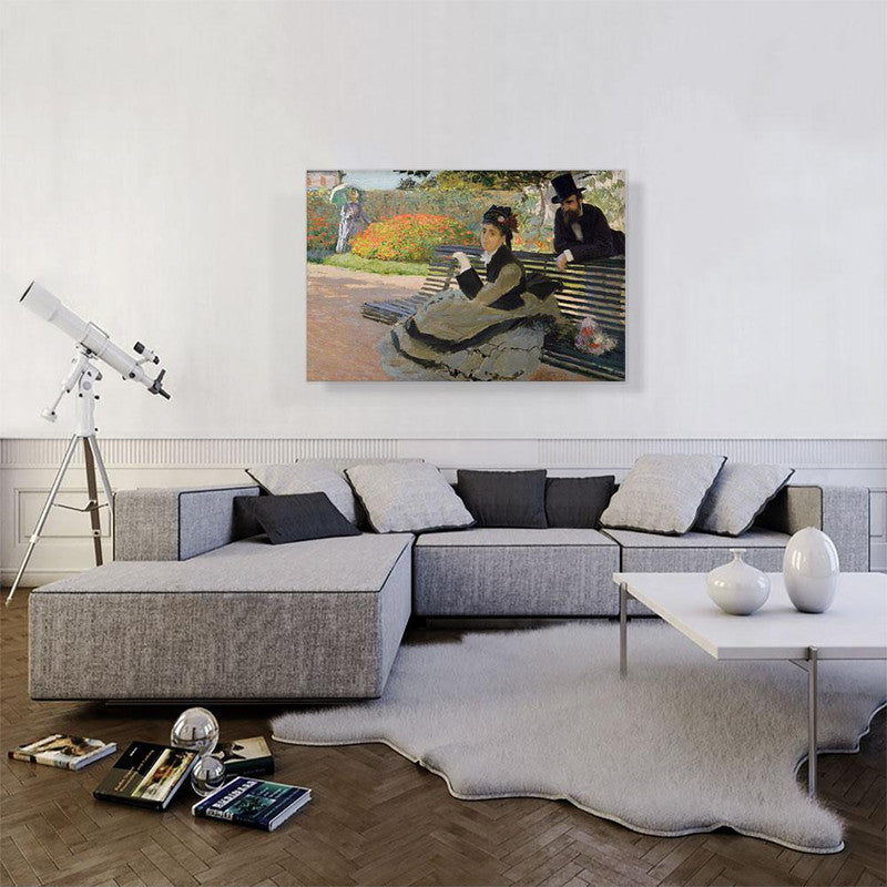 Canvas art print of Camille Monet on a Bench, showcasing Impressionist style with vibrant colors and serene nature scene.