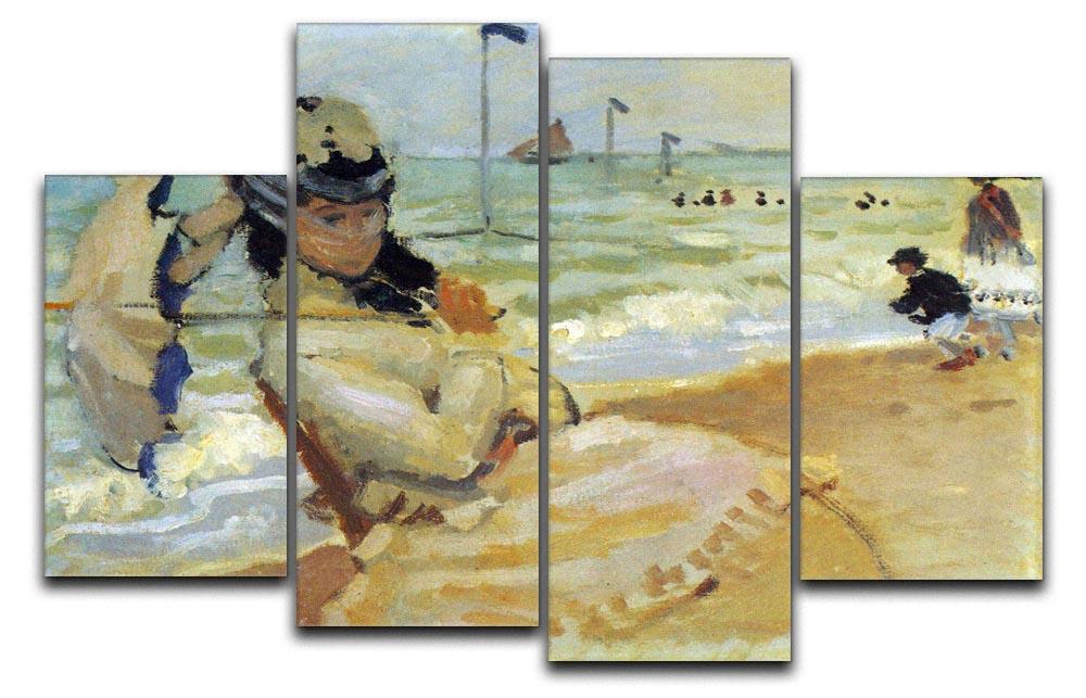 A beautiful 4-split canvas artwork featuring Camille on the beach at Trouville by Monet, showcasing vibrant colors and dynamic composition.