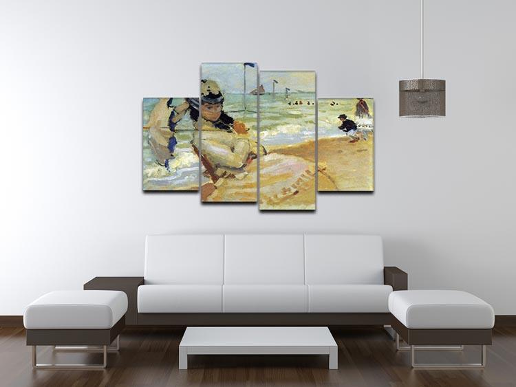 A beautiful 4-split canvas artwork featuring Camille on the beach at Trouville by Monet, showcasing vibrant colors and dynamic composition.
