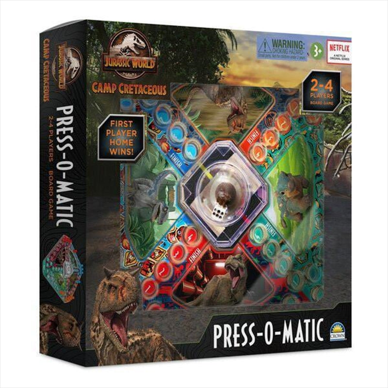 Camp Cretaceous Press O Matic game featuring colorful dinosaur-themed game board and pieces.