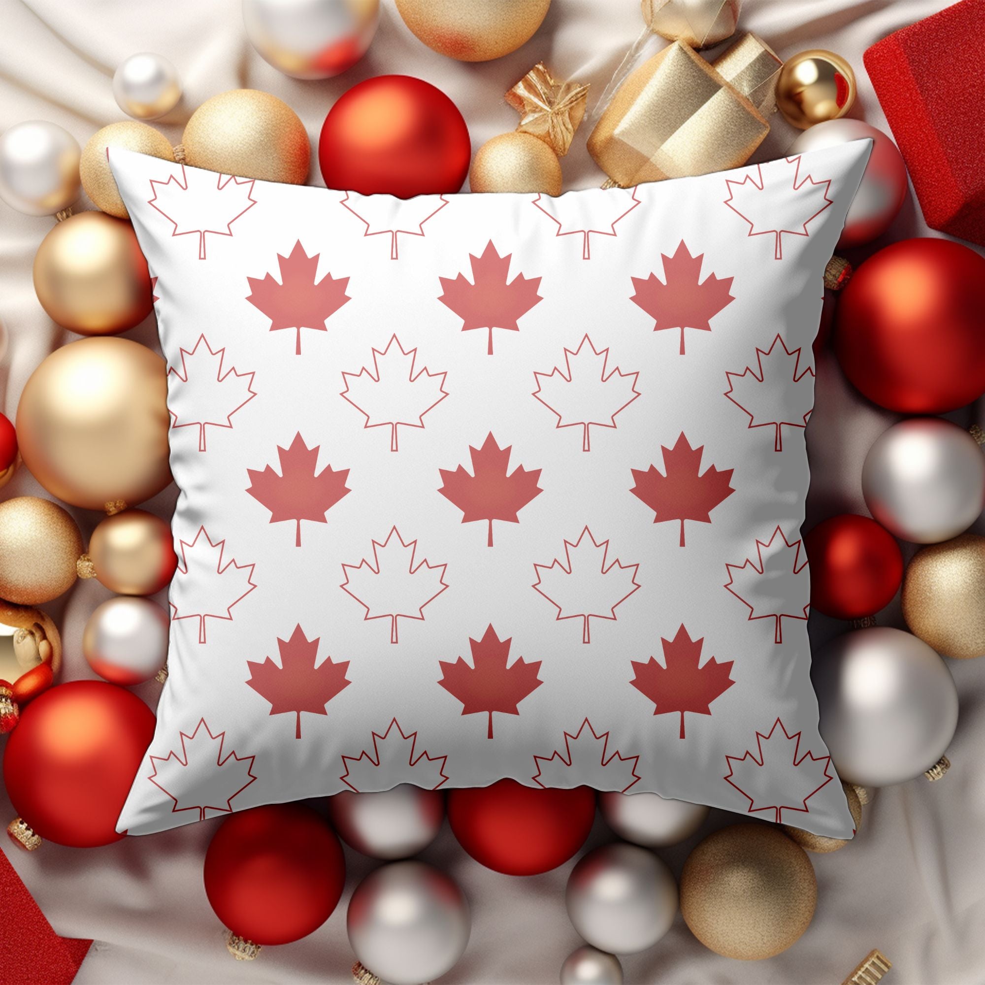 A festive Canadian Flag Christmas Throw Pillow featuring a vibrant design, perfect for holiday decor indoors and outdoors.