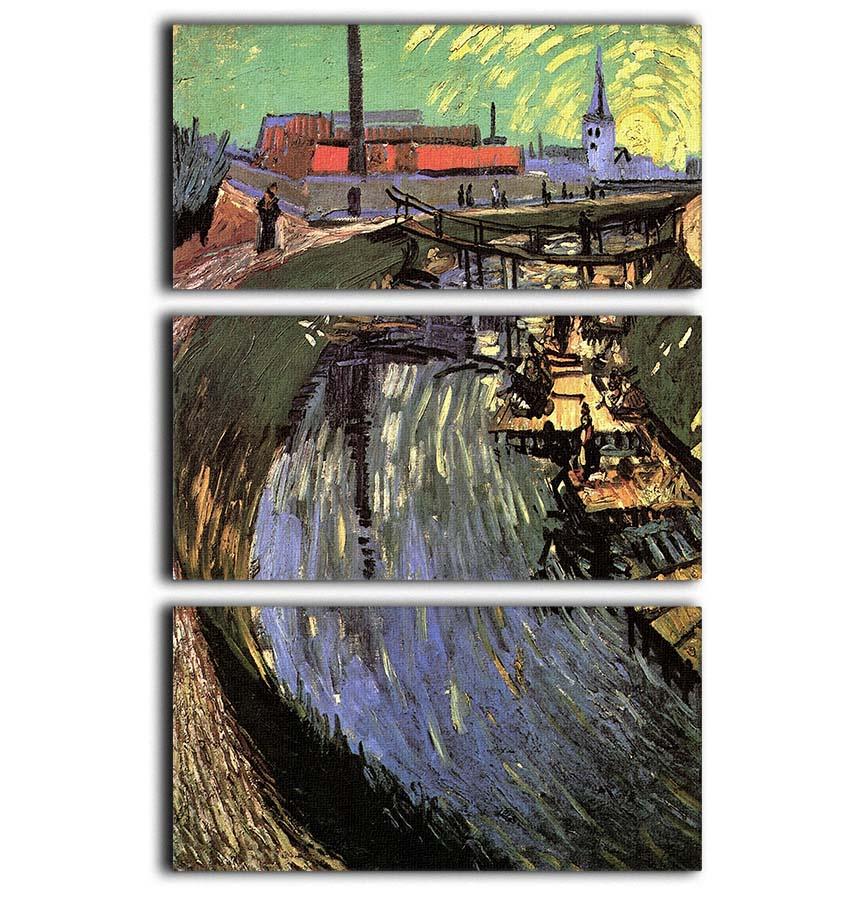 Three-panel canvas print of Van Gogh's Canal with Women Washing, showcasing vibrant colors and serene imagery.