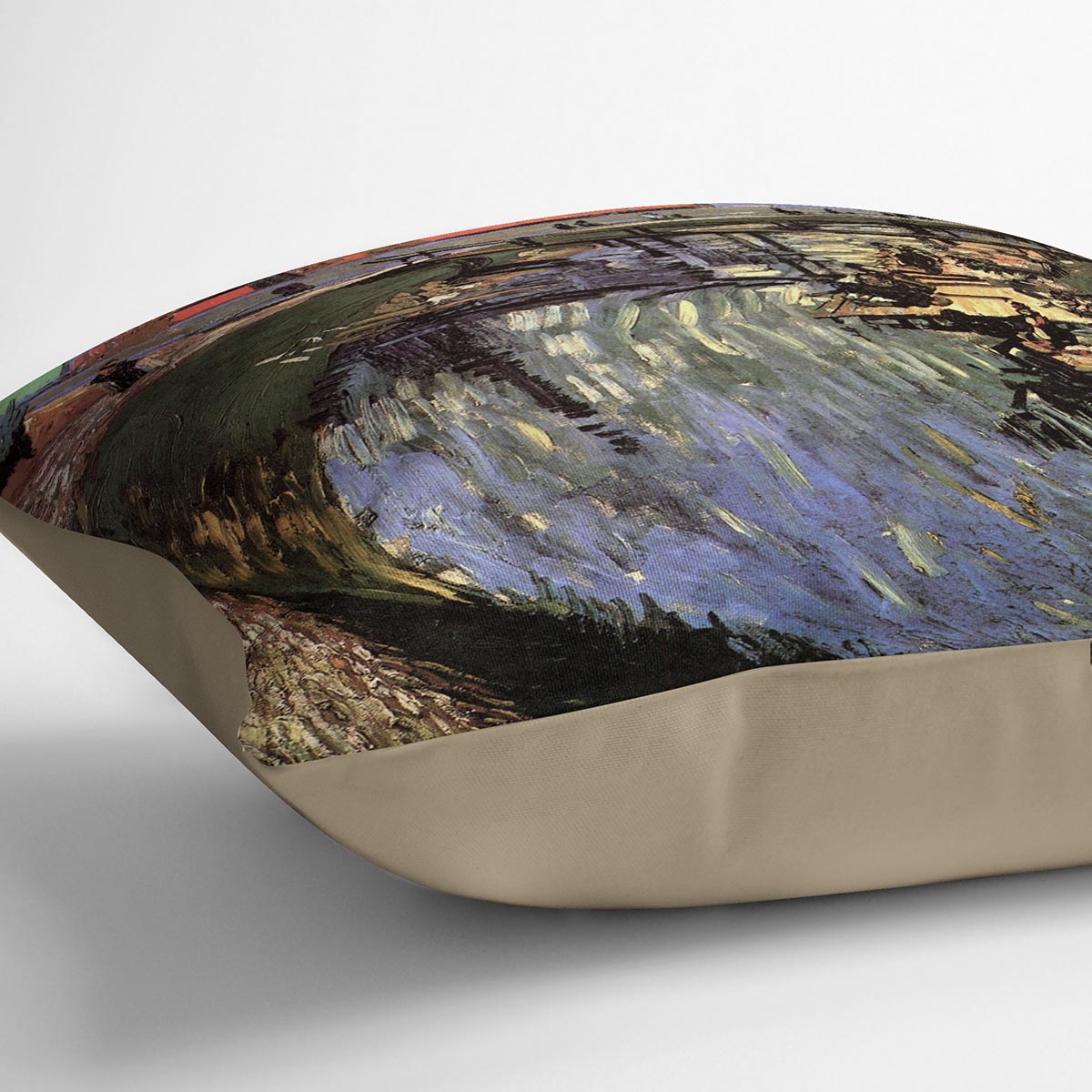 A vibrant cushion featuring Van Gogh's Canal with Women Washing artwork, made from luxurious vegan faux suede.