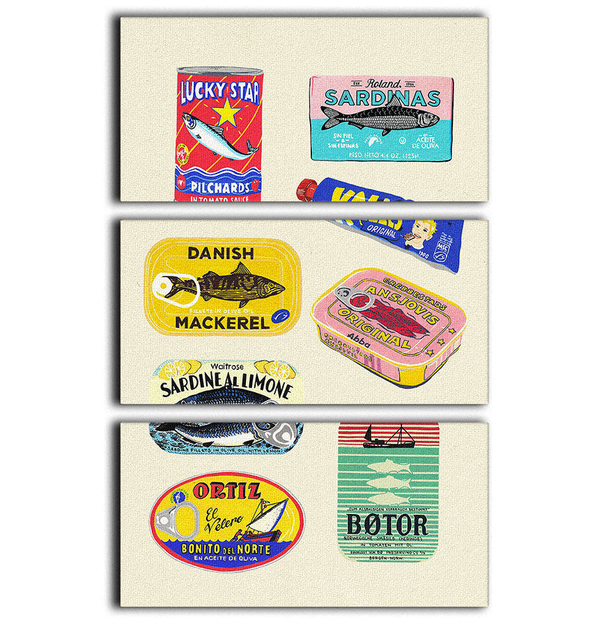 Canned Fish 3 Split Panel Canvas Print showcasing vibrant colors and artistic design, perfect for home decor.