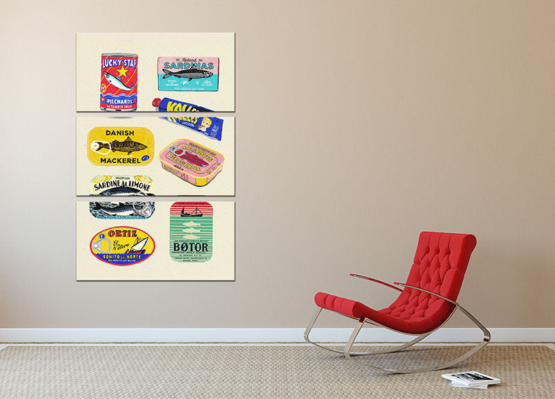Canned Fish 3 Split Panel Canvas Print showcasing vibrant colors and artistic design, perfect for home decor.
