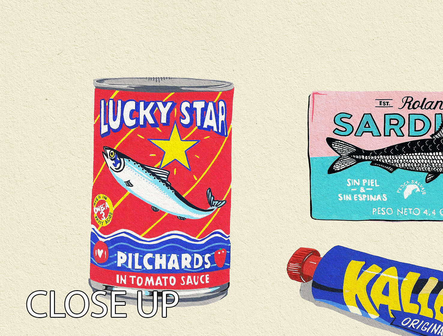 Canned Fish 3 Split Panel Canvas Print showcasing vibrant colors and artistic design, perfect for home decor.