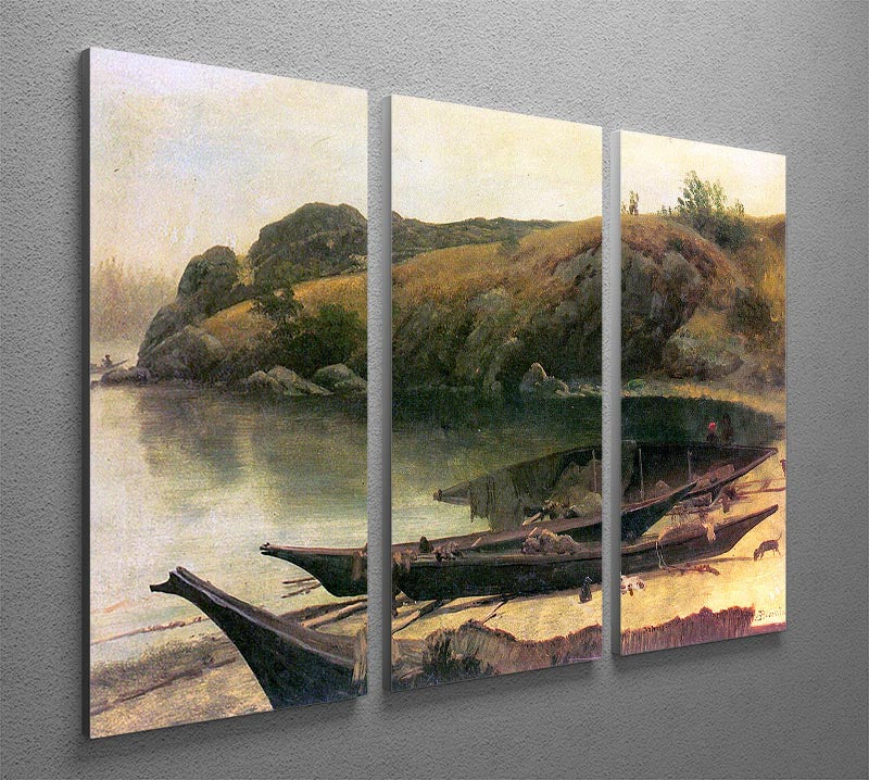 Canoes by Bierstadt 3 Split Panel Canvas Print showcasing serene water scenes in three panels.